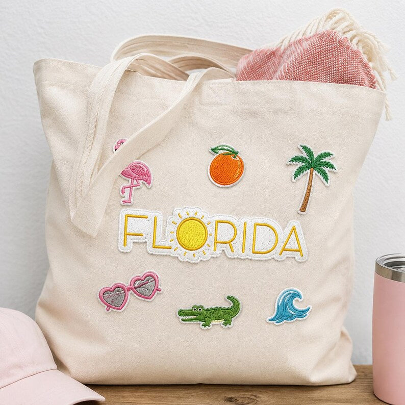 Florida Embroidered Patch, Retro Sunshine State Yellow Badge, Minimalist Sun Patch, Cali Florida Travel Gift For Friend Her