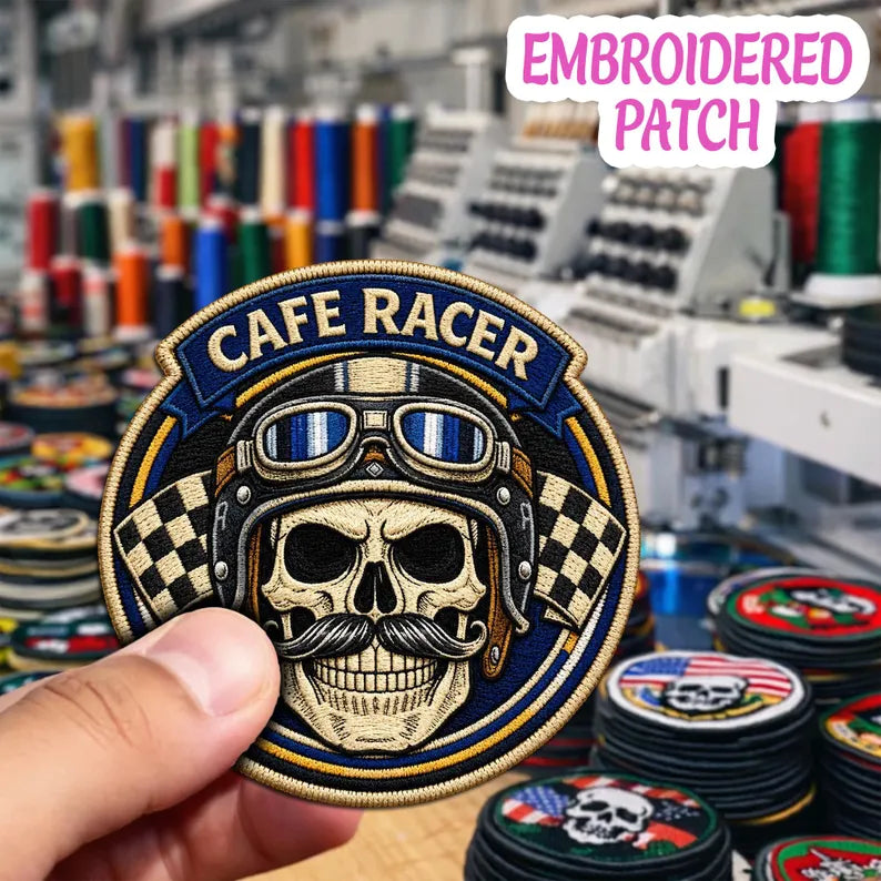 Cafe Racer Skull Embroidered Patch, Vintage Biker Iron On Badge, Retro Racing Flag Patch
