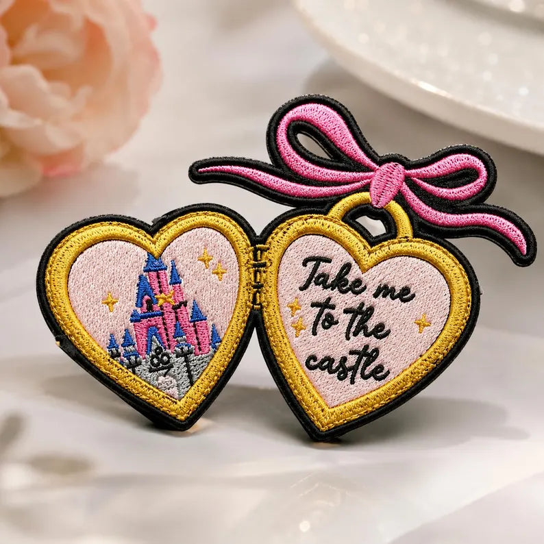 Heart Locket Embroidered Patch – Fairy Tale Castle, Pink Bow, Iron-On Bag Accessory