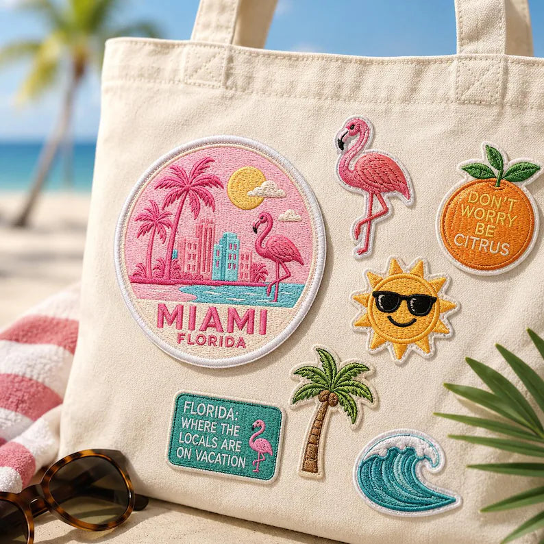 Miami Embroidered Patch, Retro Pink Flamingo Florida Badge, West Coast East Coast Patch, Gift For Friends Traveler