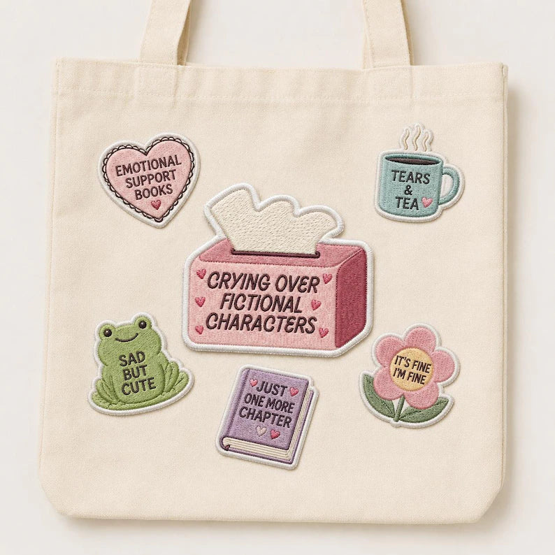 Crying Over Fictional Characters Patch, Funny Bookworm Tissue Box Embroidered Badge, Gift for Book Lovers, Friends