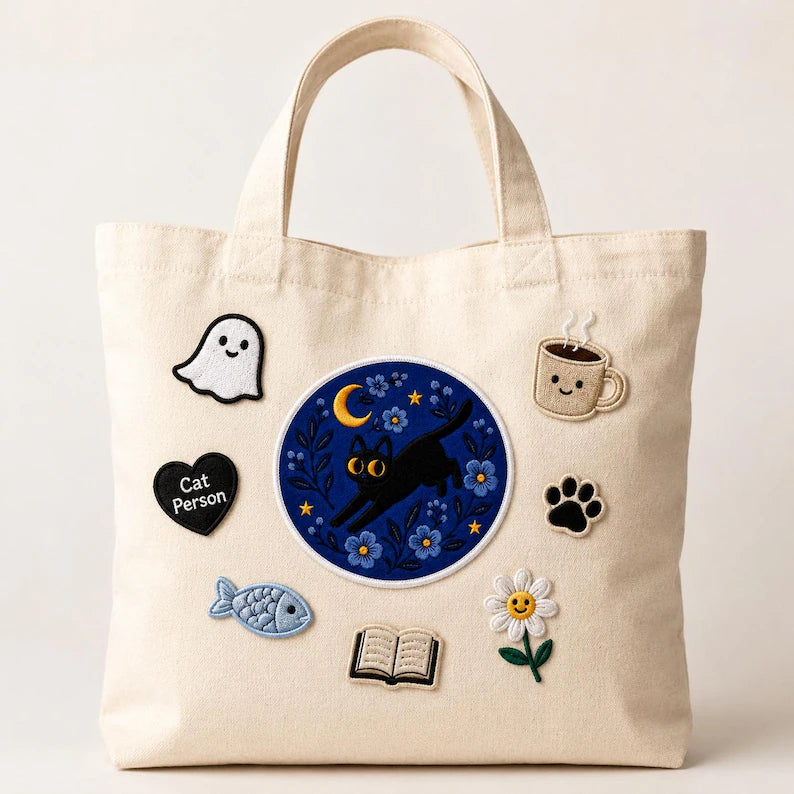 Starry Night Cat Patch, Black Cat Floral Embroidered Witchy Badge, Retro Iron On Celestial Patch, Gift for Cat Lovers, Friends DIY