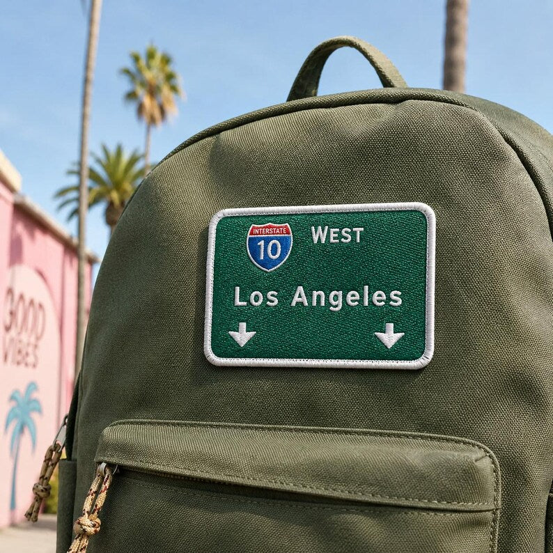Los Angeles Embroidered Patch, Interstate 10 West Highway Sign Badge, Traffic Patch, California Road Trip Gift