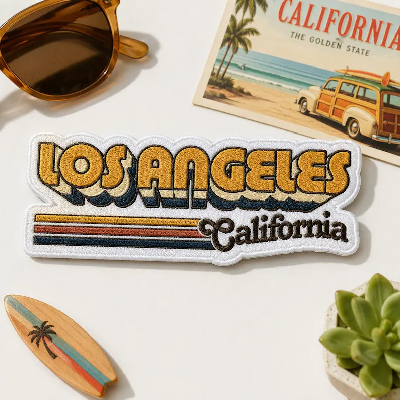 Los Angeles Embroidered Patch, 70s Retro Typography California Badge, Sunset Patch, West Coast Travel Gift For Friends
