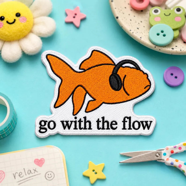 Go With The Flow Goldfish Patch, Vintage Nature Magazine Aesthetic Embroidered, 90s Style Graphic Gift For Her Him