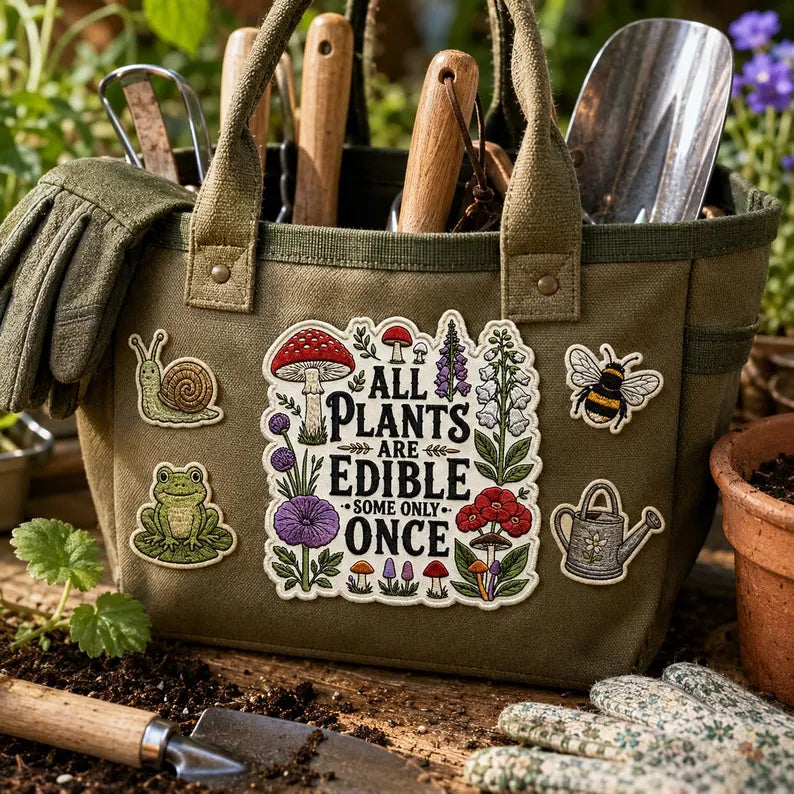 All Plants Are Edible Some Only Once Patch, Funny Gardening Embroidered Badge, Dark Botanical Graphic Iron On Patch, Gothic Plant Lover