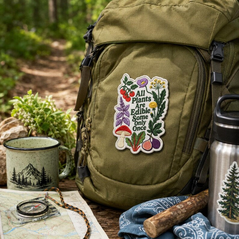 All Plants Are Edible Some Only Once Patch, Floral Gardening Embroidered Badge, Dark Botanical Iron On Patch, Gothic Plant Love Gift