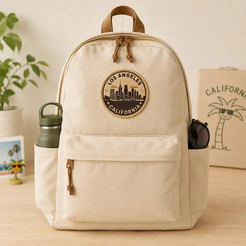 Retro Los Angeles Embroidered Patch, Vintage City Skyline California Badge, Iron On Round Geometric Patch, West Coast Travel Gift