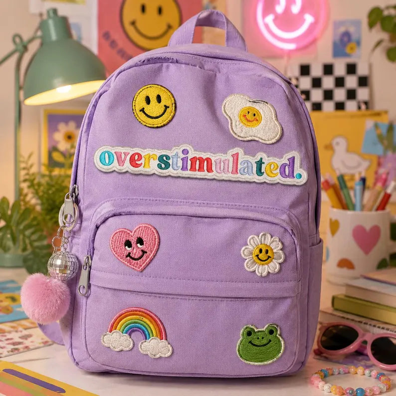 Overstimulated Embroidered Patch, Funny Rainbow Letter Iron On Patches, Mental Health Humor Badge, Gift for Backpack Denim Jacket