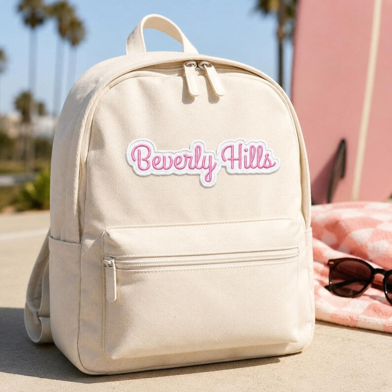 Beverly Hills Patch, Pink Cursive Font Embroidered California Badge, Iron On Die Cut Preppy Patch, West Coast Travel Gift For Friends