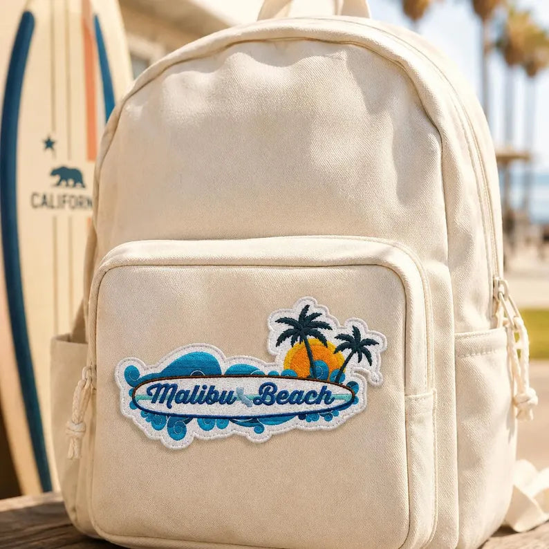 Malibu Beach Patch, Retro California Surfboard Embroidered Badge, Ocean Wave Iron On Patch, West Coast Travel Gift For Friends