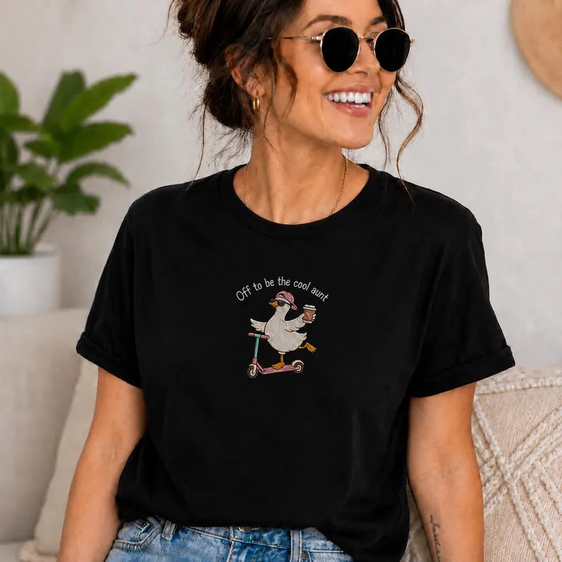Off To Be Cool Aunt T-Shirt, Funny Aunt Goose Embroidered shirt, Gift for Aunt, Aunt Gift, Pregnancy Announcement for Sister, Future Aunt