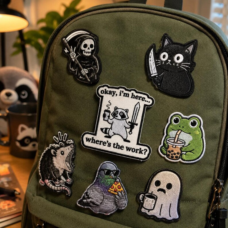 Funny Work Meme Patch, Medieval Gremlin “Okay I’m Here… Where’s the Work” Chaos Embroidered Patch, Gift For Coworker