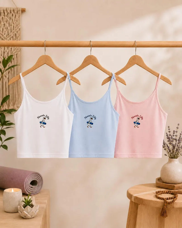 Pilates Yoga Embroidered Strap Top, Silly Goose Namaste Crop Top, White Aesthetic Strappy Cami Tank, Gift for Pilates Yoga Instructor Lover (Copy)