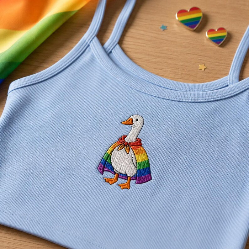 Pride Rainbow Goose Embroidered Strap Top, Light Blue Ribbed Top, Subtle LGBTQ Pride Month Tee, Cute Goose Cape Gift for Her Girlfriend