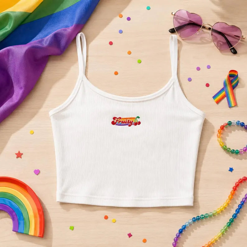 Retro Fruity Embroidered Strap Top, Subtle LGBTQ Pride Spaghetti Top, Funny Pride Month Tee, Queer Rainbow Cherry Gift for Girlfriend Her