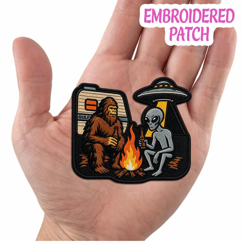 Bigfoot Alien Campfire Embroidered Patch, UFO Cryptid Iron On Badge, Outdoor Adventure Gear