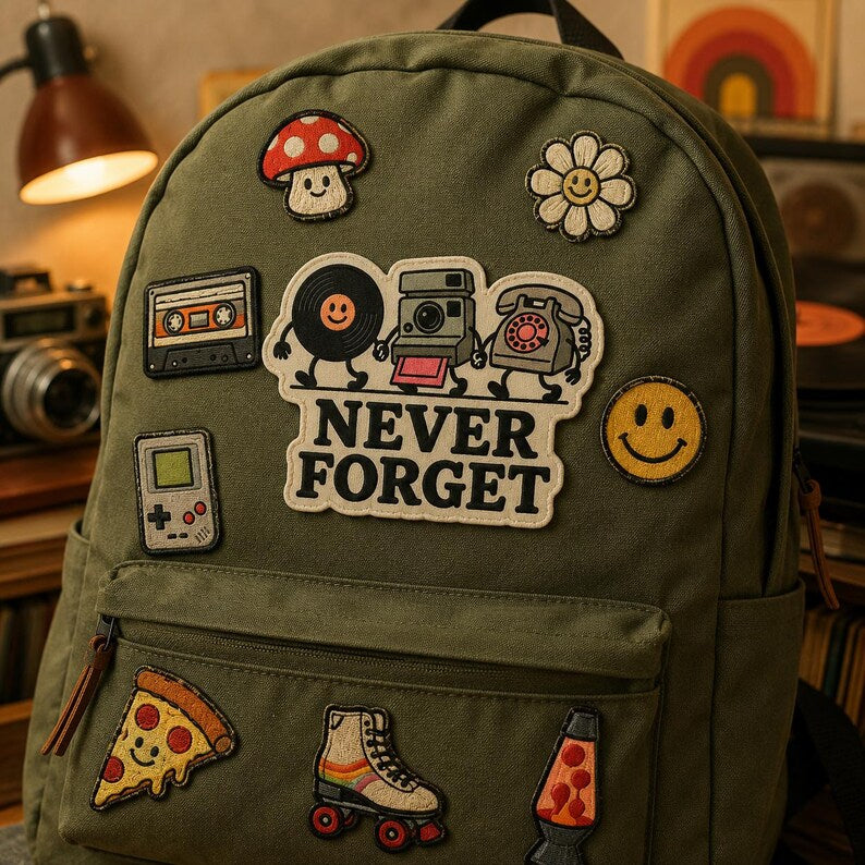 Never Forget Embroidered Patch, Retro Vinyl Camera Phone Bag Charm, Nostalgic 90s Patch, Funny Vintage Graphic For Backpack