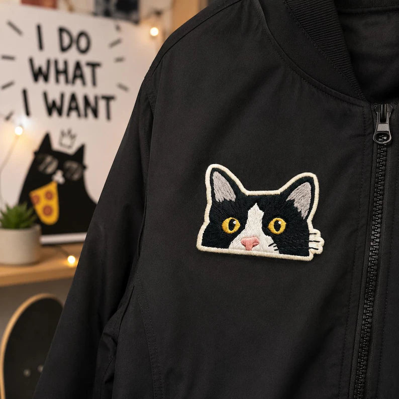 Cute Black Cat Embroidered Patch, Peeking Kitten Iron On Patch, Kawaii Animal Badge, Jacket Backpack Craft Gift Her