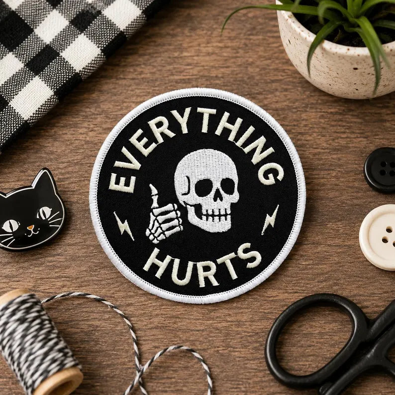 Everything Hurts Embroidered Patch, Funny Skull Thumbs Up Iron On Patches, Sarcastic Gym Chronic Pain Badge, Gothic Skeleton Gift for Jacket