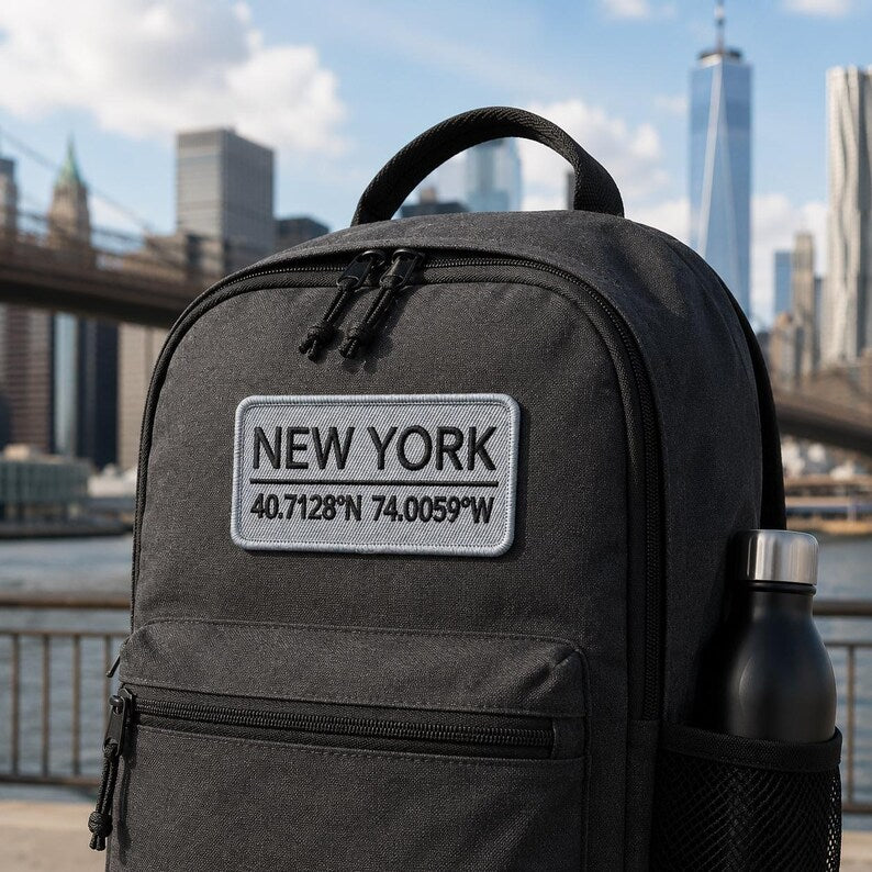 New York Coordinates Embroidered Patch, Vintage NYC Geographic Iron On Patch, Minimalist City Badge, Big Apple Travel Jacket Backpack Gift