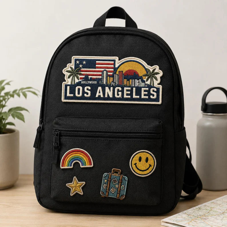 Los Angeles Embroidered Patch, Retro Sunset Skyline California Badge, American Flag Embroidered Patch, West Coast Travel Gift, Denim Jacket