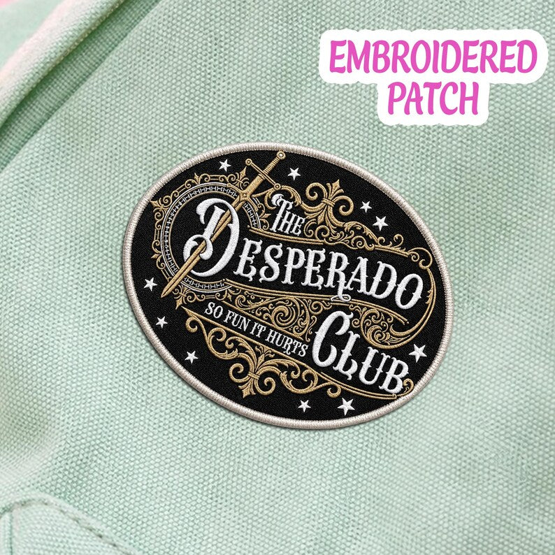 The Desperado Club Embroidered Patch, Western Sword Badge, Iron On Cowboy Gamer Accessory
