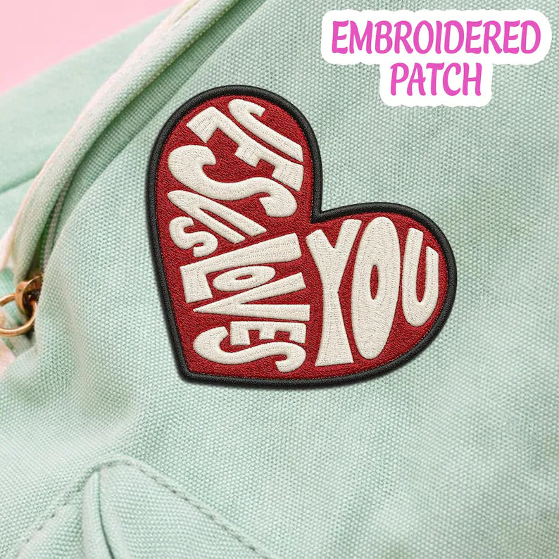 Jesus Loves You Heart Embroidered Patch, Christian Iron-On Badge, Religious Faith Apparel
