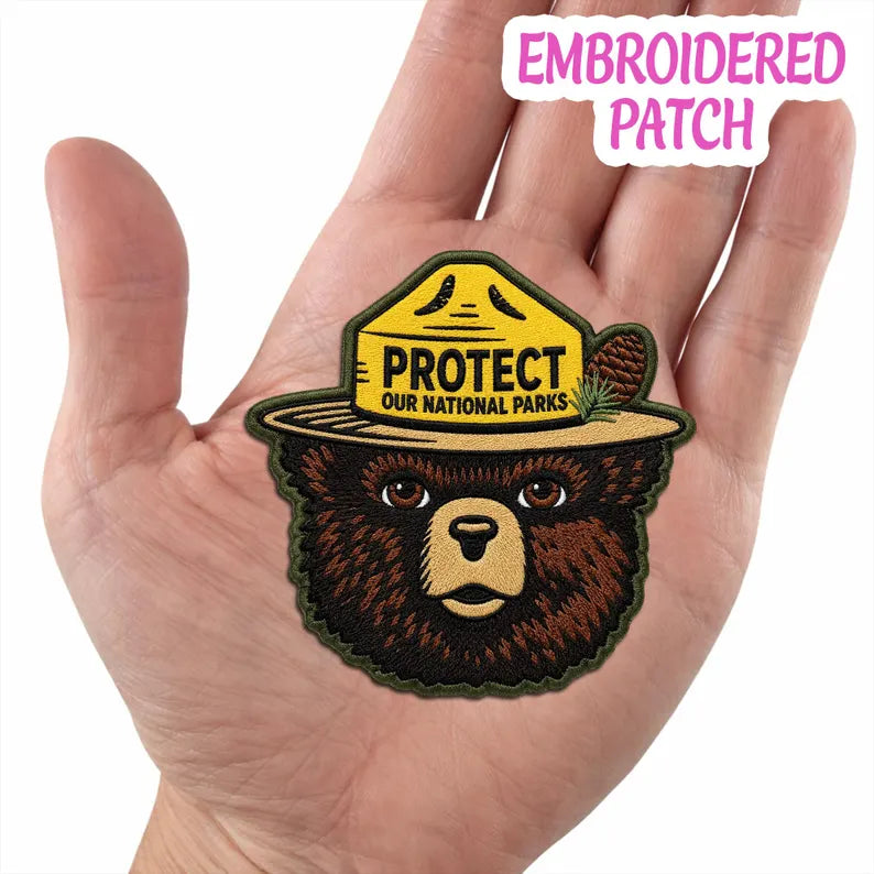 Embroidered Bear Patch, Protect National Parks Badge, Nature Lover Iron On Applique