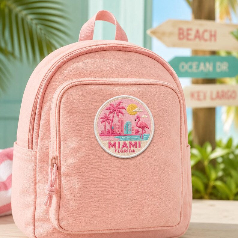 Miami Embroidered Patch, Retro Pink Flamingo Florida Badge, West Coast East Coast Patch, Gift For Friends Traveler