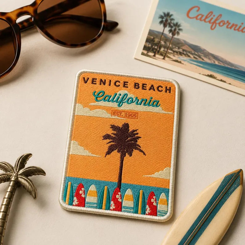 Venice Beach Patch, Retro California Surf Embroidered Badge, Iron On Rectangle Travel Poster Patch, West Coast Gift For Friends