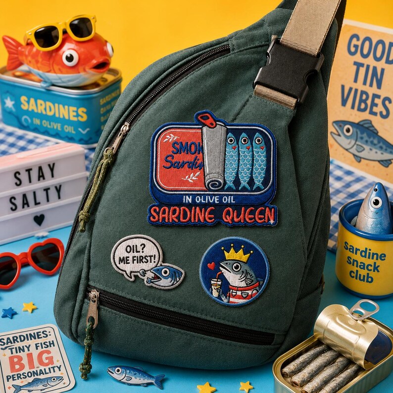 Sardine Queen Embroidered Patch, Vintage Smoked Tinned Fish Iron On Patches, Funny Gift for Her, Retro Badge Jacket Backpack