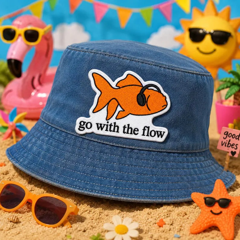 Go With The Flow Goldfish Patch, Vintage Nature Magazine Aesthetic Embroidered, 90s Style Graphic Gift For Her Him