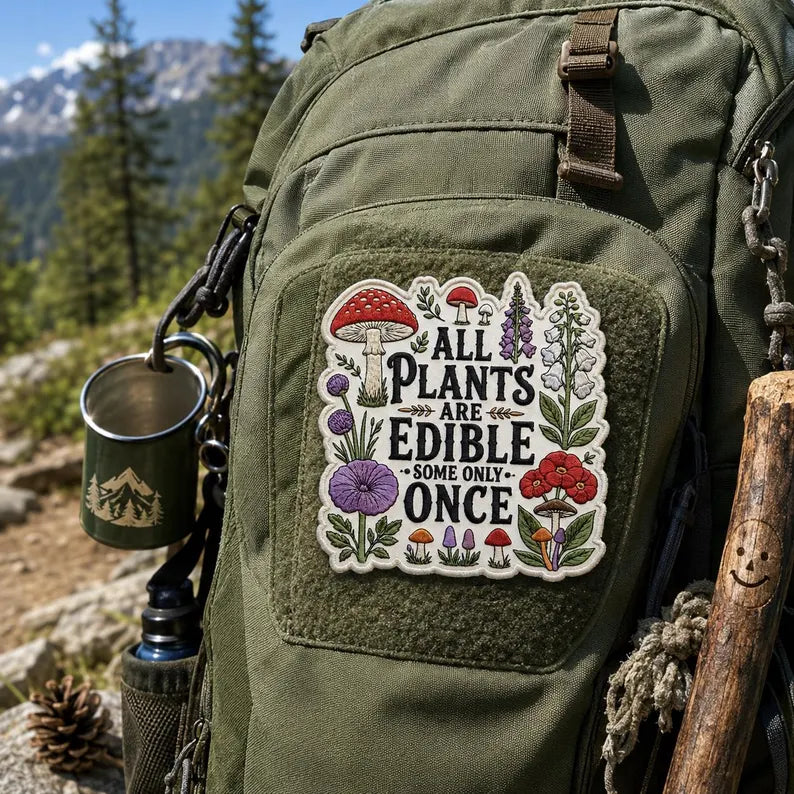 All Plants Are Edible Some Only Once Patch, Funny Gardening Embroidered Badge, Dark Botanical Graphic Iron On Patch, Gothic Plant Lover