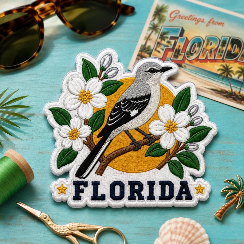Florida Embroidered Patch, Retro Mockingbird State Bird Badge, Iron On Blossom Patch, Sunshine State, Gift For Friend