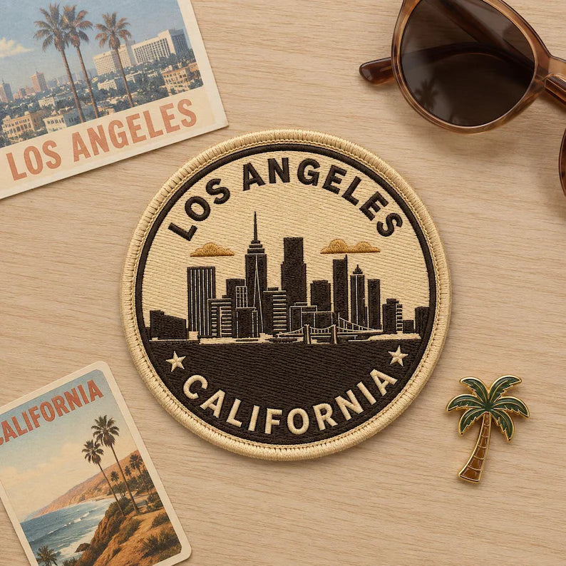 Retro Los Angeles Embroidered Patch, Vintage City Skyline California Badge, Iron On Round Geometric Patch, West Coast Travel Gift