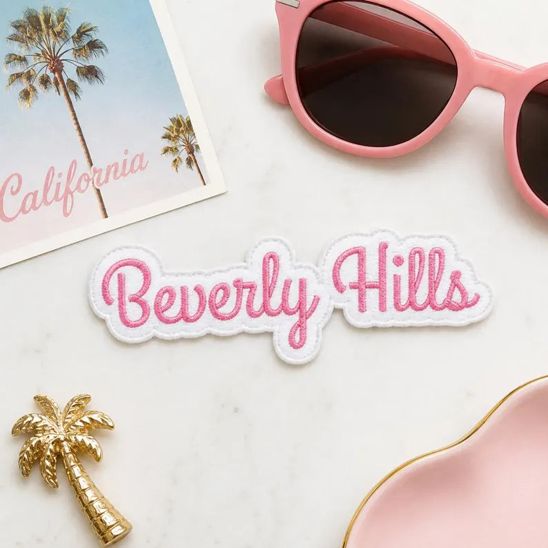 Beverly Hills Patch, Pink Cursive Font Embroidered California Badge, Iron On Die Cut Preppy Patch, West Coast Travel Gift For Friends