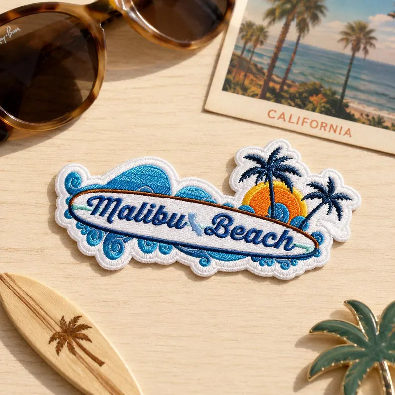 Malibu Beach Patch, Retro California Surfboard Embroidered Badge, Ocean Wave Iron On Patch, West Coast Travel Gift For Friends