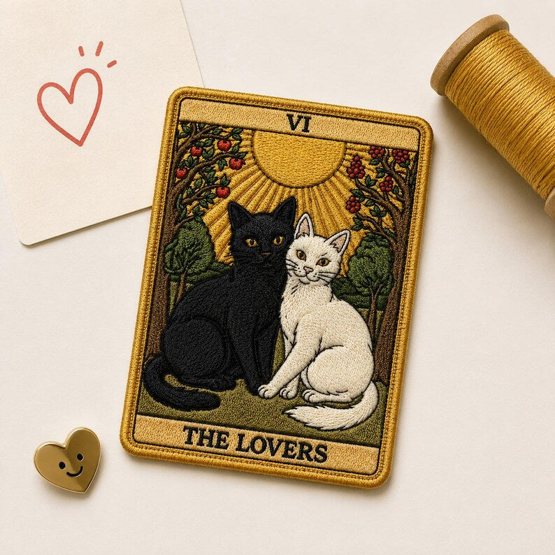 The Lovers Tarot Card Patch, Funny Black White Cat Embroidered Witchy Badge, Retro Rectangle Mystic Iron On Patch, Gift for Cat Lover