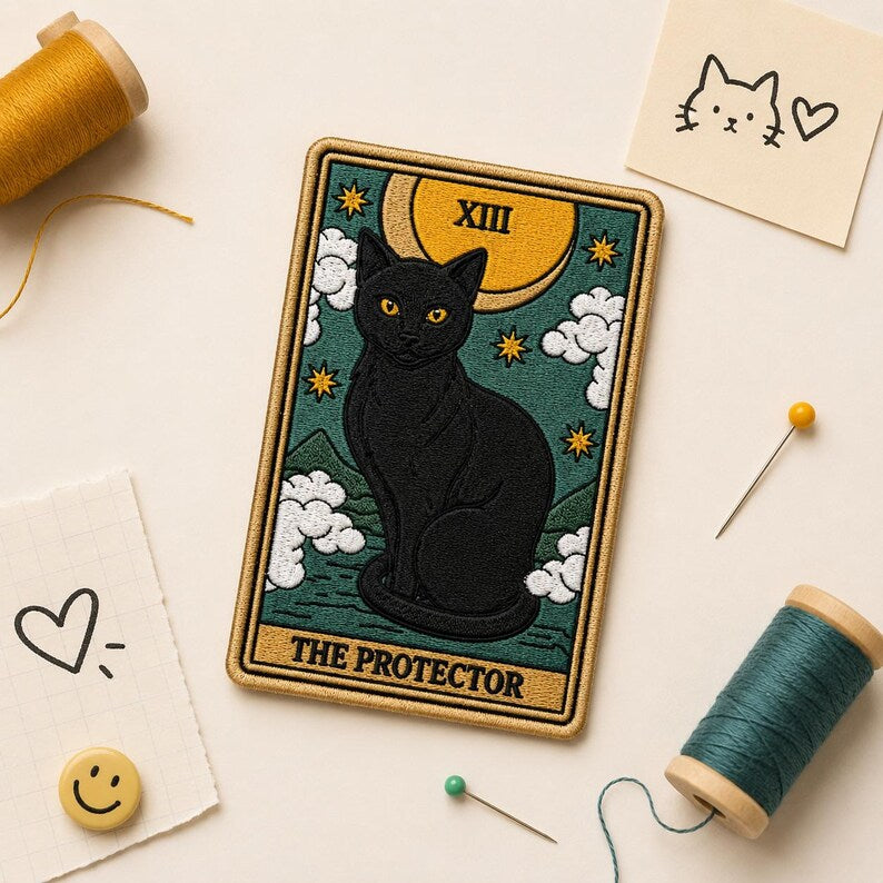 The Protector Tarot Card Patch, Funny Black Cat Embroidered Witchy Badge, Retro Rectangle Mystic Iron On Patch, Gift for Cat Lover