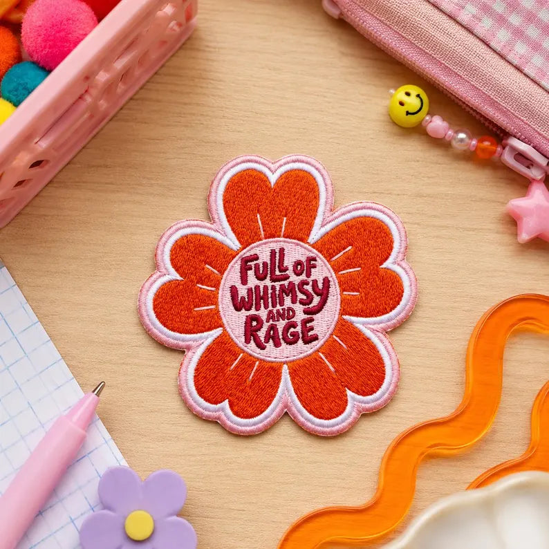 Full of Whimsy and Rage Embroidered Patch, Flower Iron On Patches, Sarcastic Retro 70s Quote Badge, Flower Applique for Jacket Backpack Gift