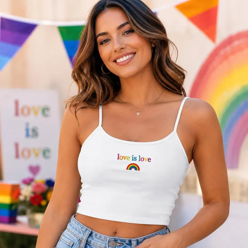 Love Is Love Embroidered Strap Top, Rainbow Pride Crop Top, White LGBTQ Aesthetic Strap Tank Top, Pride Graphic Tee Gift For Her