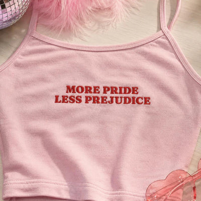 More Pride Less Prejudice Embroidered Strap Top, Y2K Tank Top, Funny LGBTQ Pride Shirt, Queer Equality Tee
