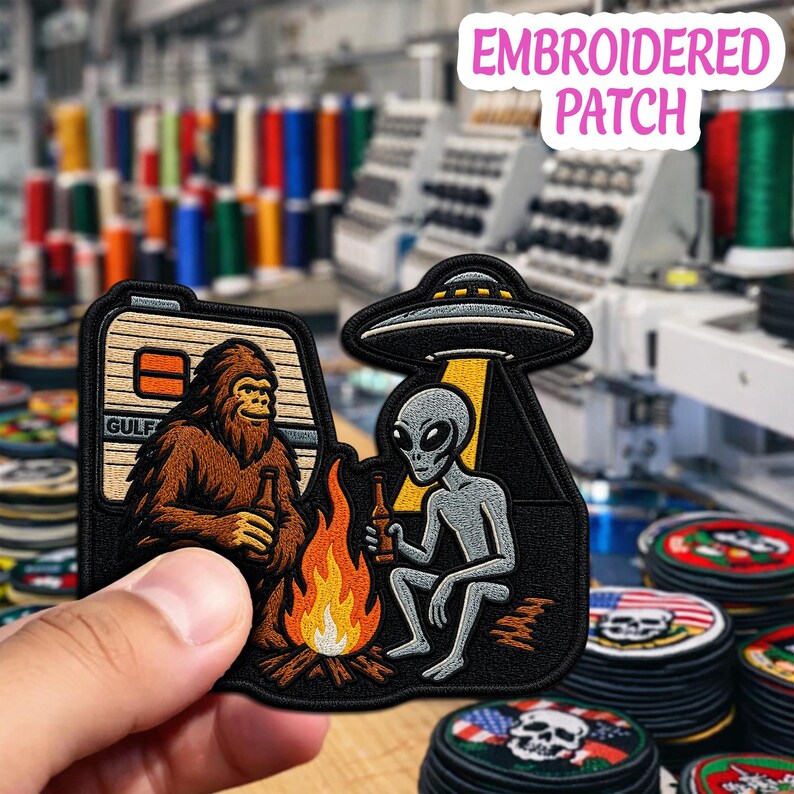 Bigfoot Alien Campfire Embroidered Patch, UFO Cryptid Iron On Badge, Outdoor Adventure Gear