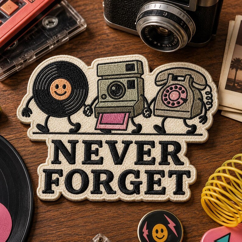Never Forget Embroidered Patch, Retro Vinyl Camera Phone Bag Charm, Nostalgic 90s Patch, Funny Vintage Graphic For Backpack