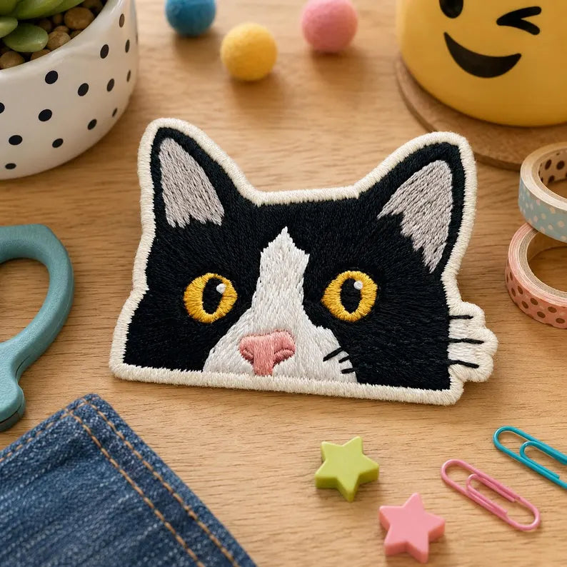 Cute Black Cat Embroidered Patch, Peeking Kitten Iron On Patch, Kawaii Animal Badge, Jacket Backpack Craft Gift Her