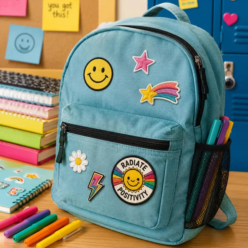 Radiate Positivity Patch, Funny Rainbow Sun Iron On Patch, Cute Mental Health Awareness Badge, Retro Groovy Jumper Jacket Backpack Gift