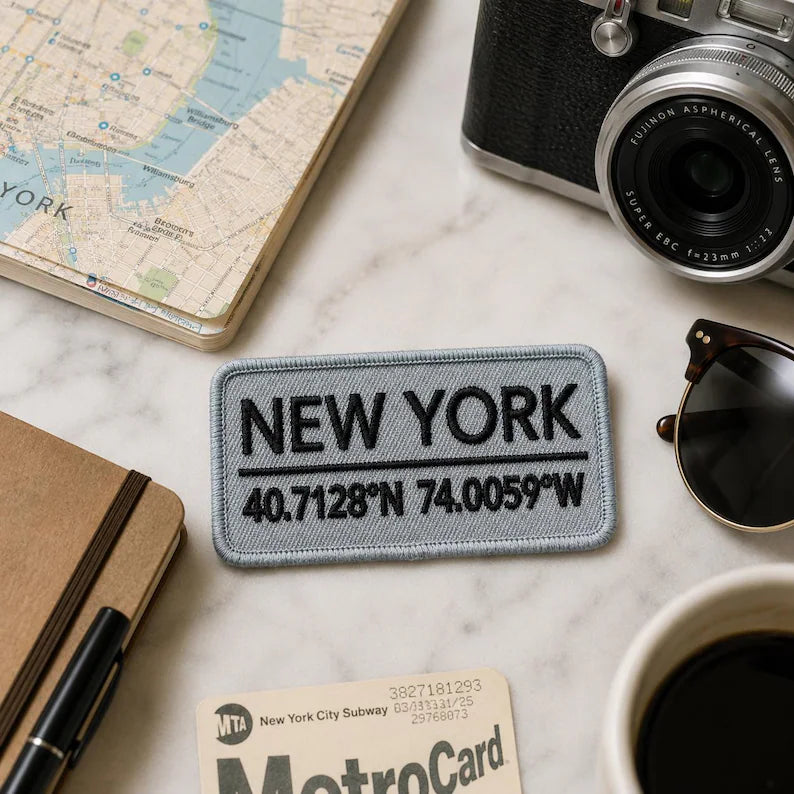 New York Coordinates Embroidered Patch, Vintage NYC Geographic Iron On Patch, Minimalist City Badge, Big Apple Travel Jacket Backpack Gift