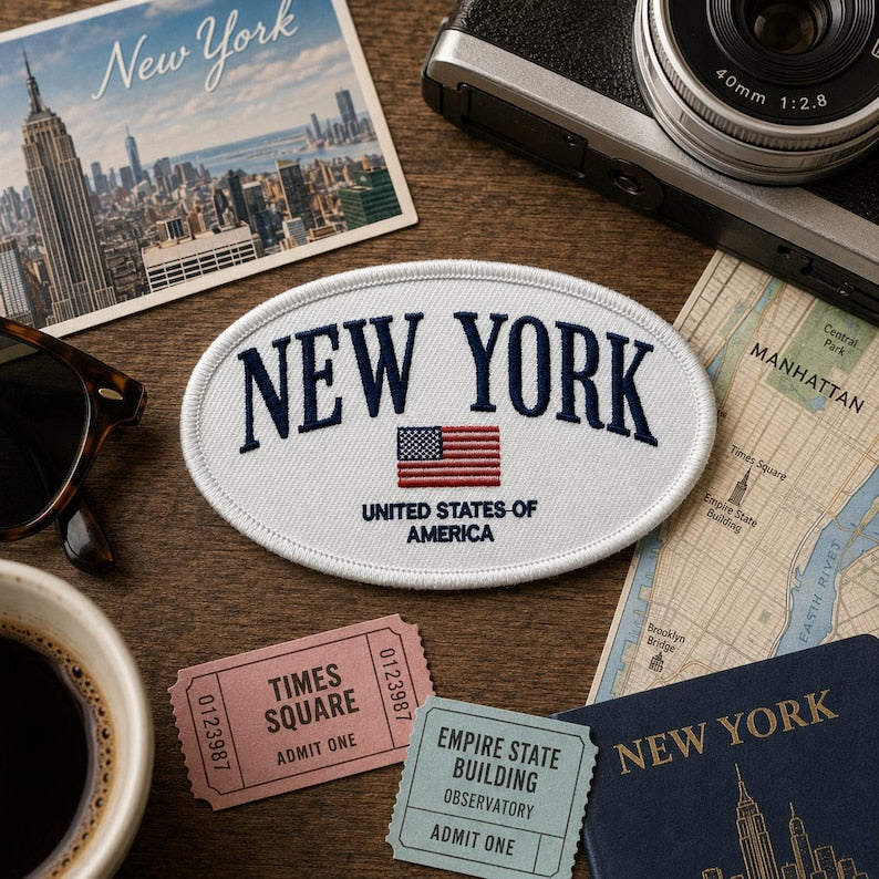 New York Flag Embroidered Patch, Vintage NYC Souvenir Iron On Patch, Classic Oval US Flag Badge, Americana Travel Jacket Backpack Gift