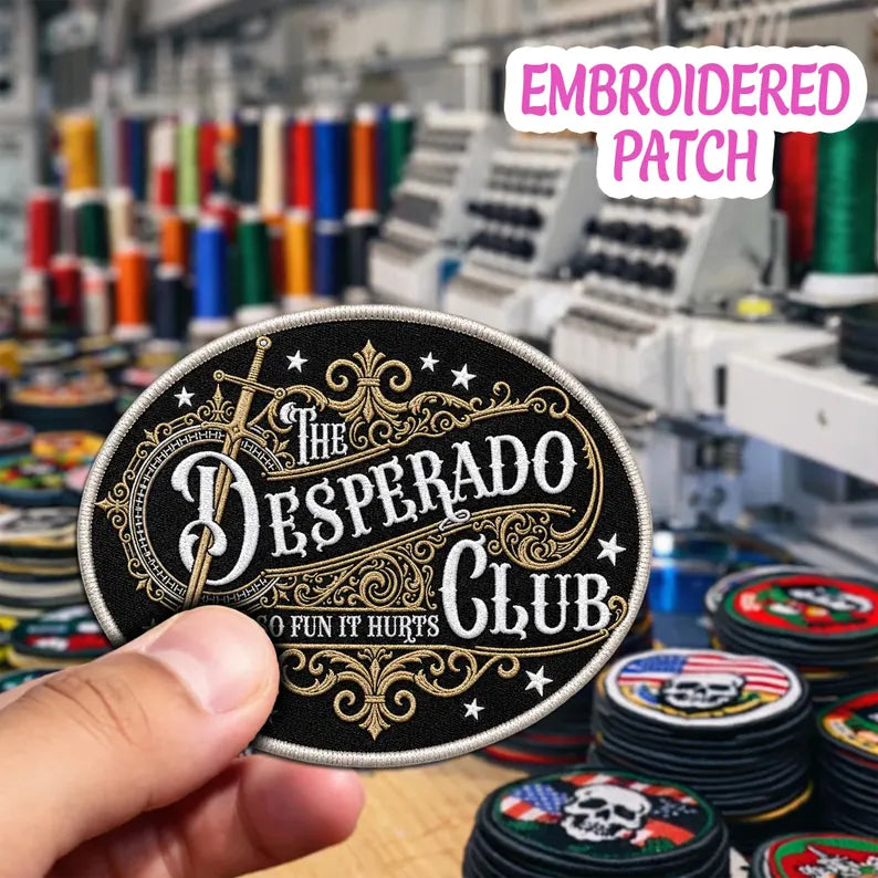 The Desperado Club Embroidered Patch, Western Sword Badge, Iron On Cowboy Gamer Accessory